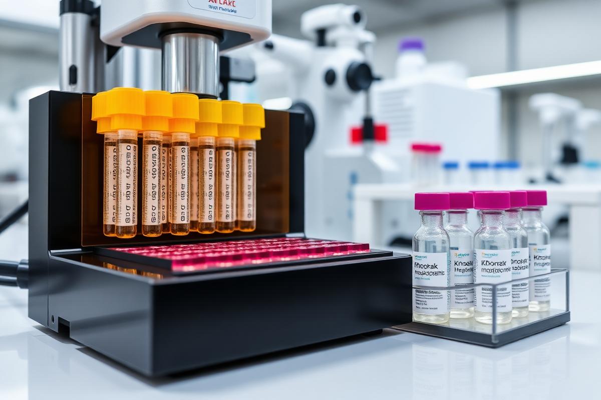 Kinetic chromogenic LAL endotoxin testing assay plate with injectable peptide vials in pharmaceutical lab