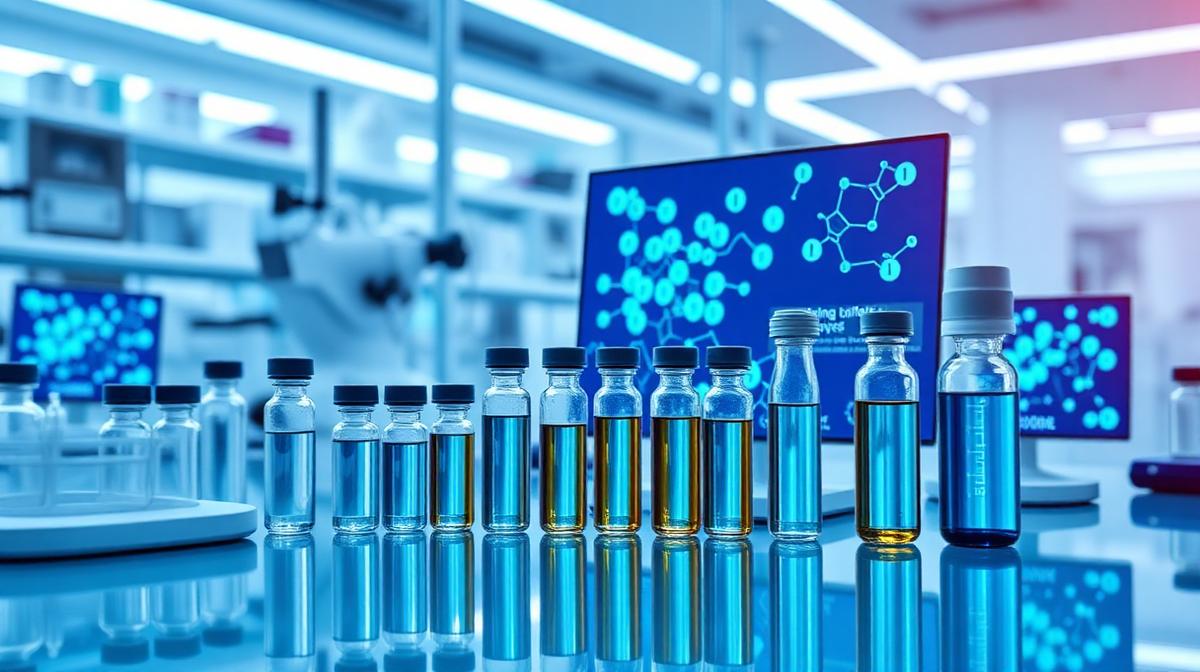 Peptide therapeutics market growth visualization with research vials and molecular structures in laboratory