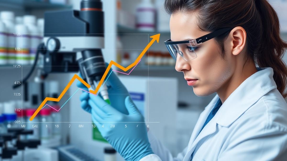 Scientist analyzing peptide samples with rising demand trend chart showing testing growth