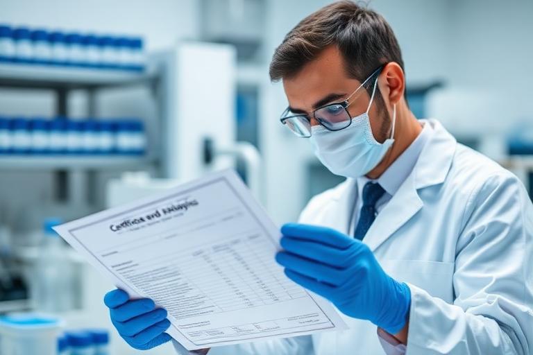 Scientist reviewing peptide supplier Certificate of Analysis for independent verification